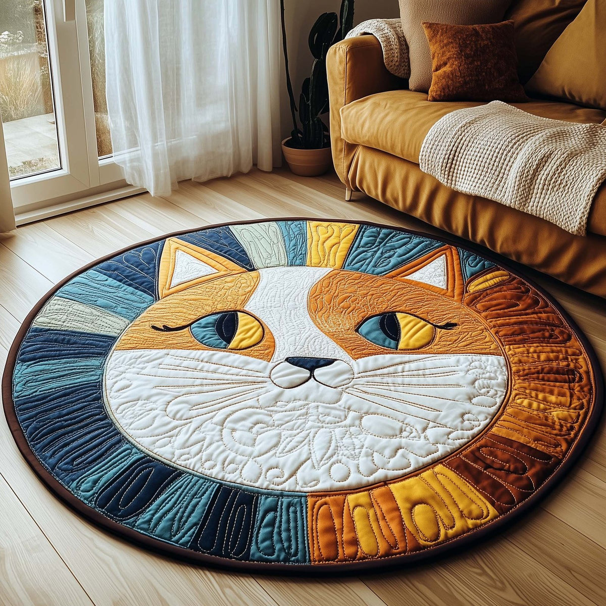 Boho Sun Cat Round Mat Rug - washable non-slip printed rug