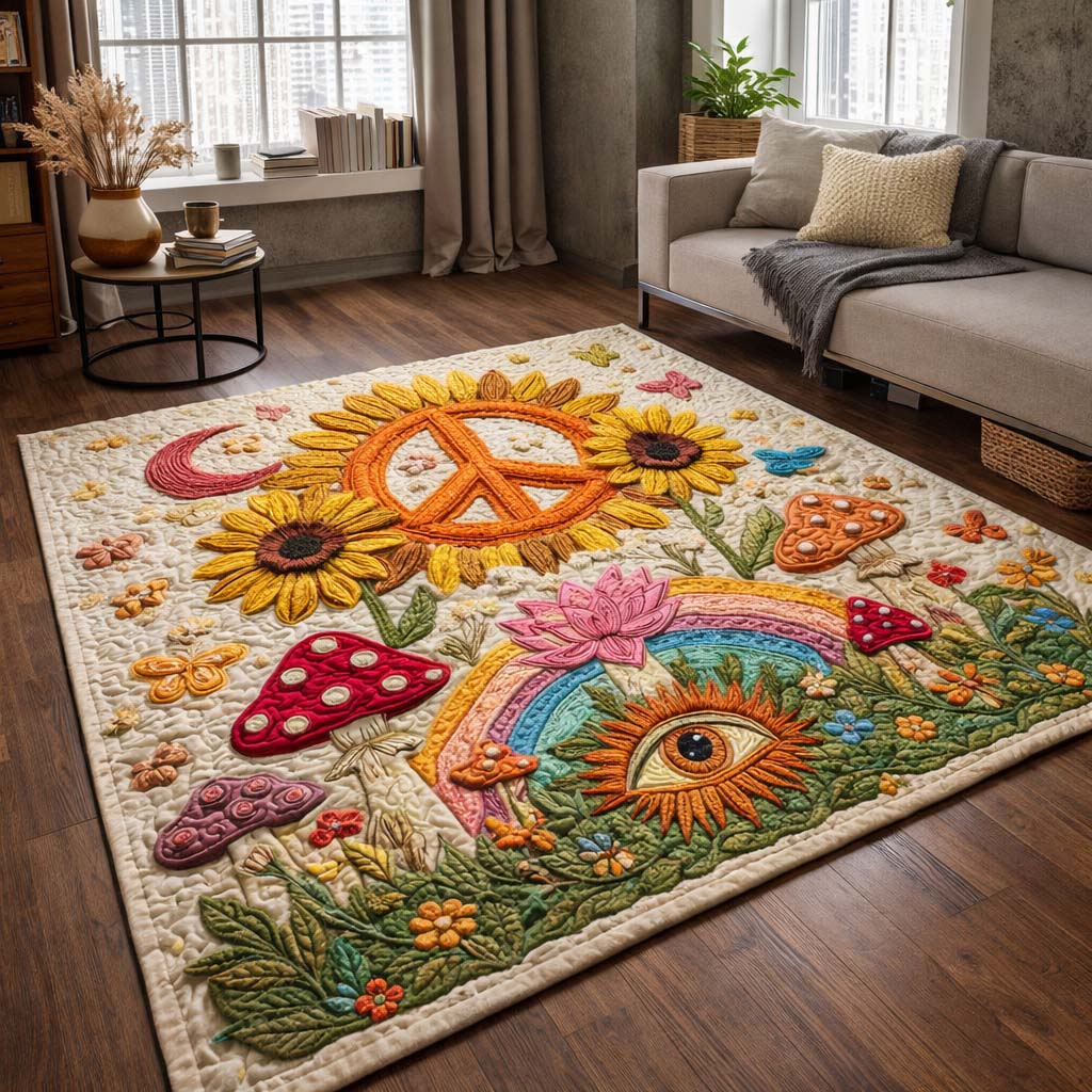 Boho Sunflower Spirit area rug in a living room