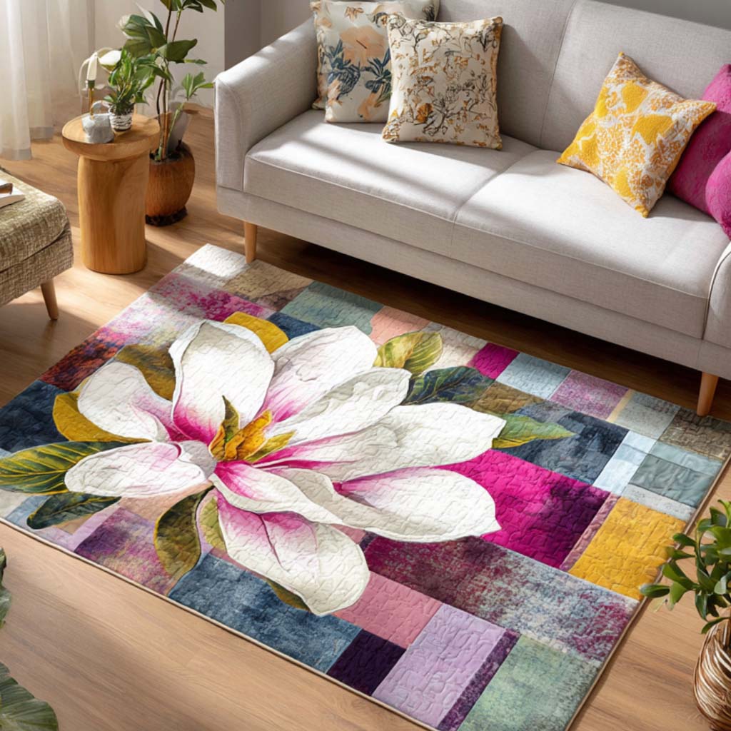 Bold Blossom area rug in a living room