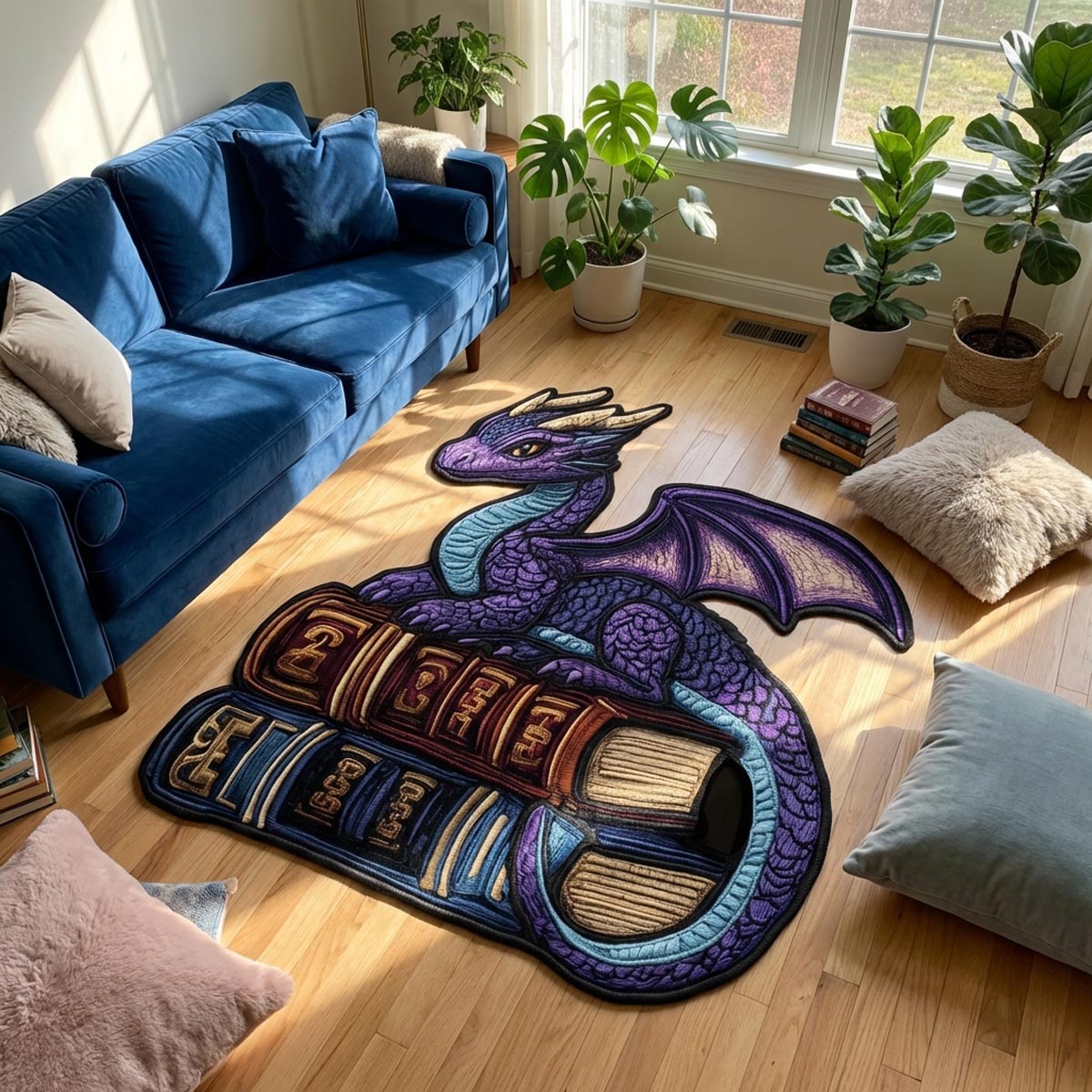 Book Dragon Custom Shape Area Rug - Cute Animal Design | Die-Cut Non-Slip Rug - washable non-slip printed rug