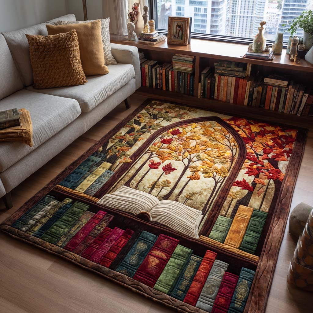 Bookish Bliss area rug in a living room