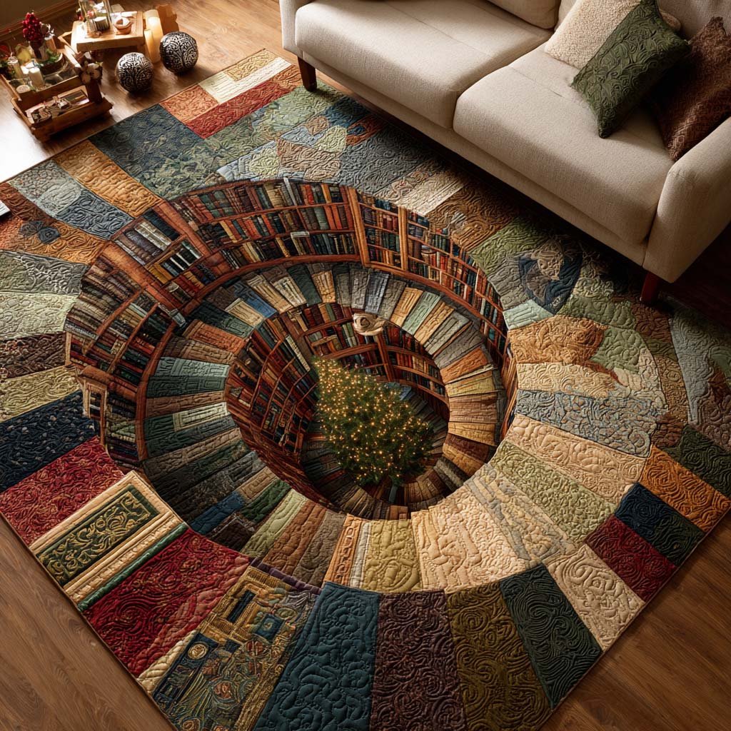 Bookish Christmas area rug in a living room