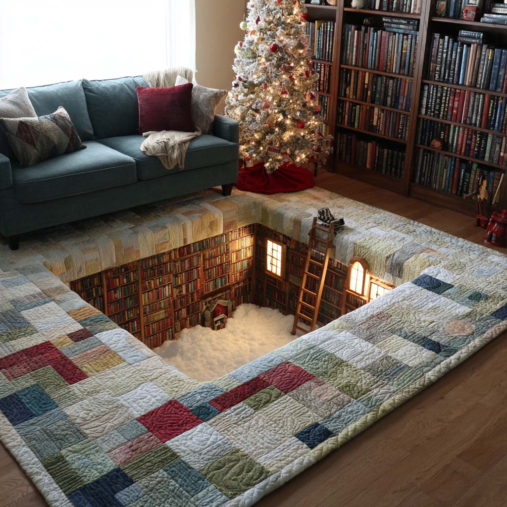 Booklover Christmas area rug in a living room