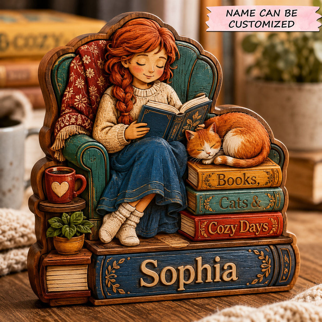 Books Cats And Cozy Days wooden block, laser-cut 3-layer wood