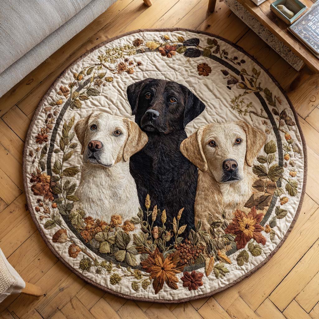 Botanical Labrador Circle Round Mat Rug - washable non-slip printed rug