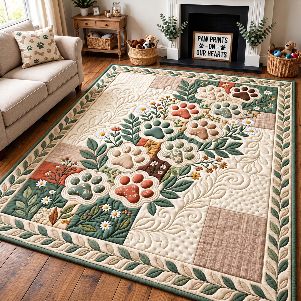 Botanical Paw Prints area rug in a living room
