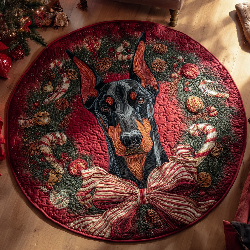 Bow Doberman Candy Round Mat Rug - washable non-slip printed rug