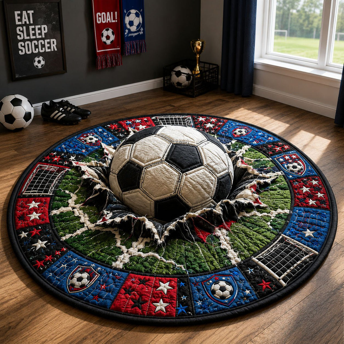 Breakthrough Goal Soccer Round Mat Rug - washable non-slip printed rug
