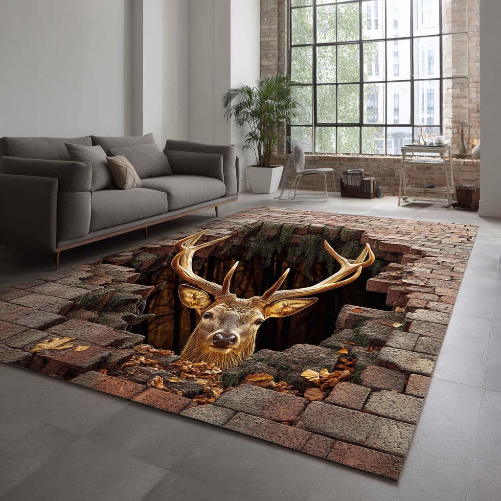 Brick Cave Deer area rug in a living room