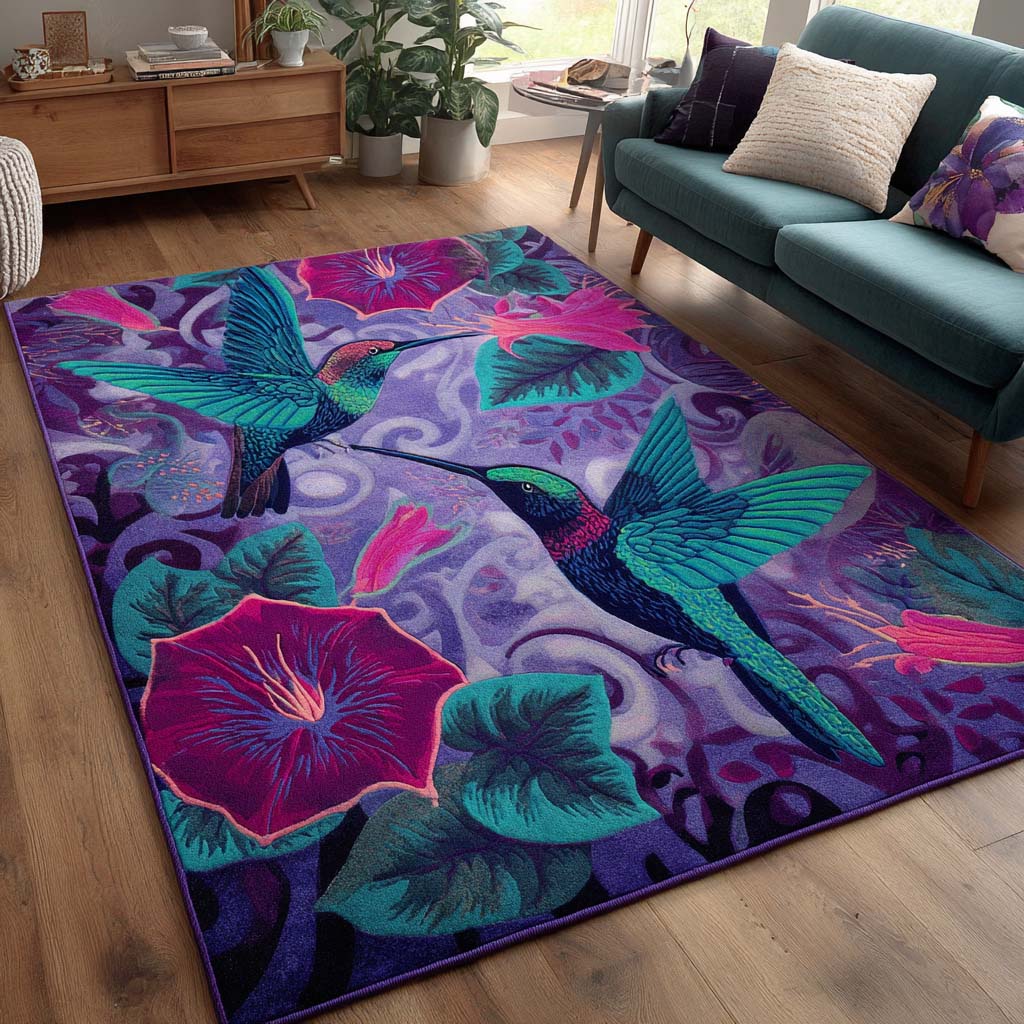 Bright Hummingbird area rug in a living room