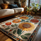 Bright Sunflower area rug in a living room