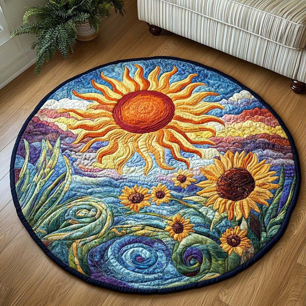 Bright Sunflower Round Mat Rug - washable non-slip printed rug