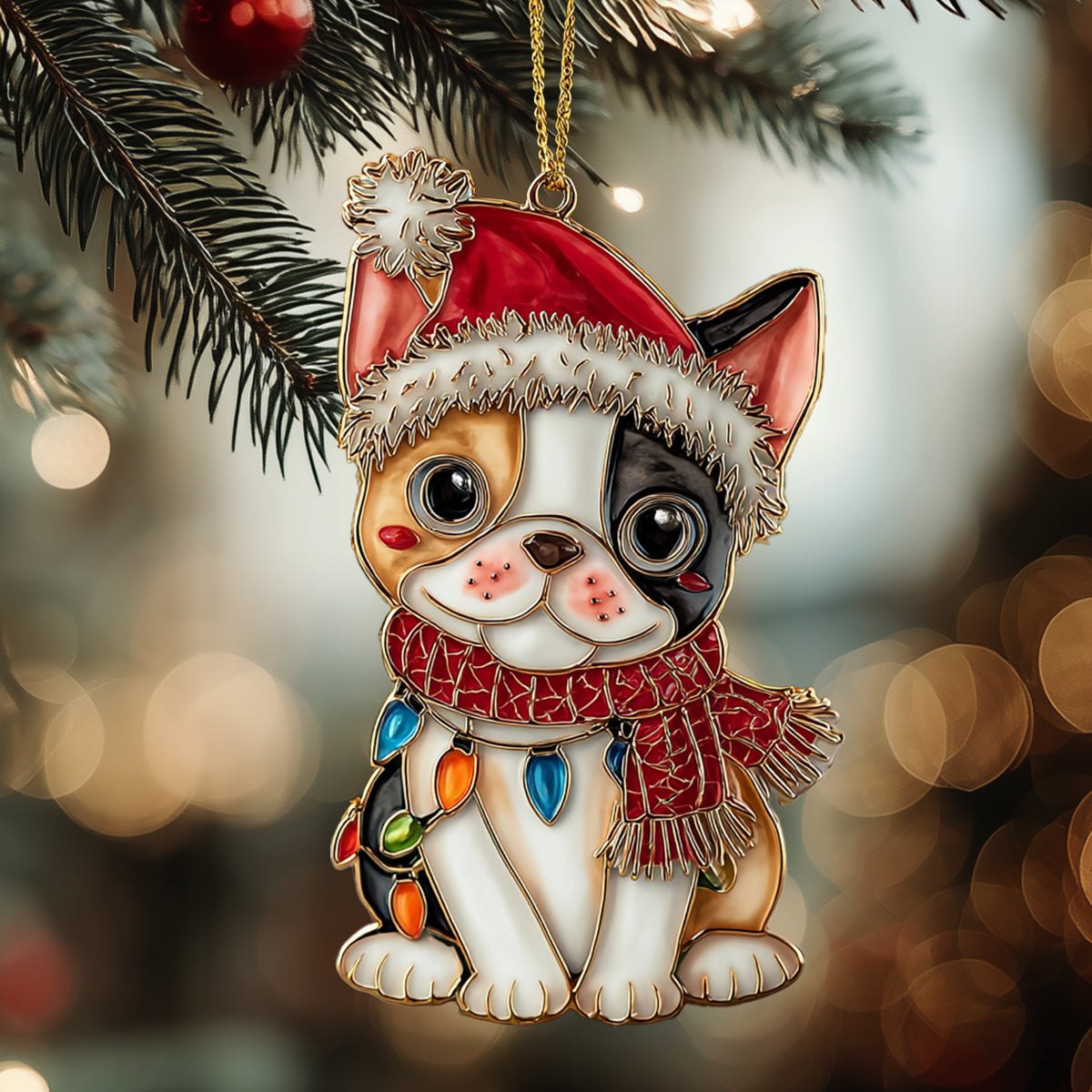 Boston Terrier Light Scarf Christmas Ornament