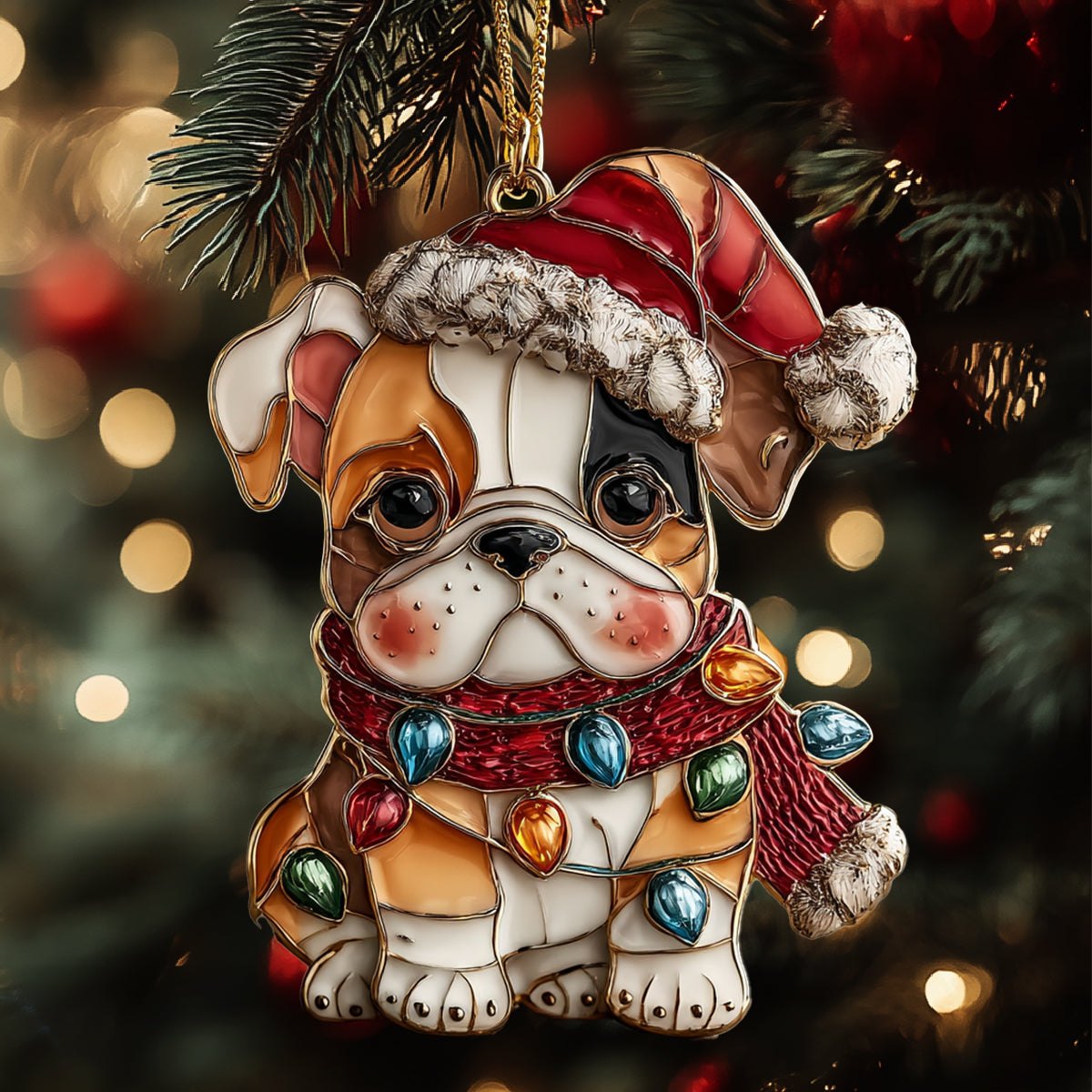 Bulldog Santa Light Scarf Christmas Ornament