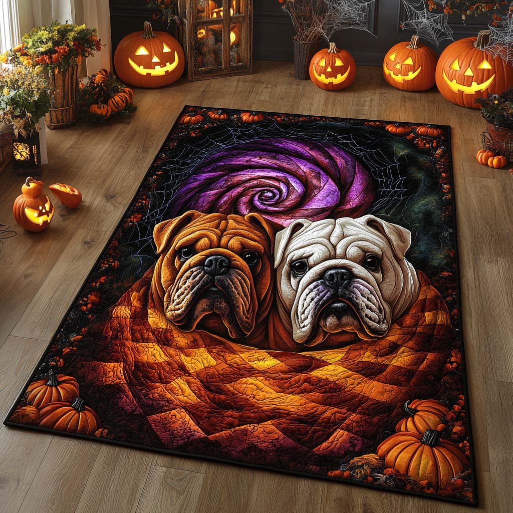 Bulldog Duo Pumpkin area rug in a living room