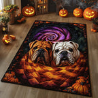 Bulldog Duo Pumpkin area rug in a living room