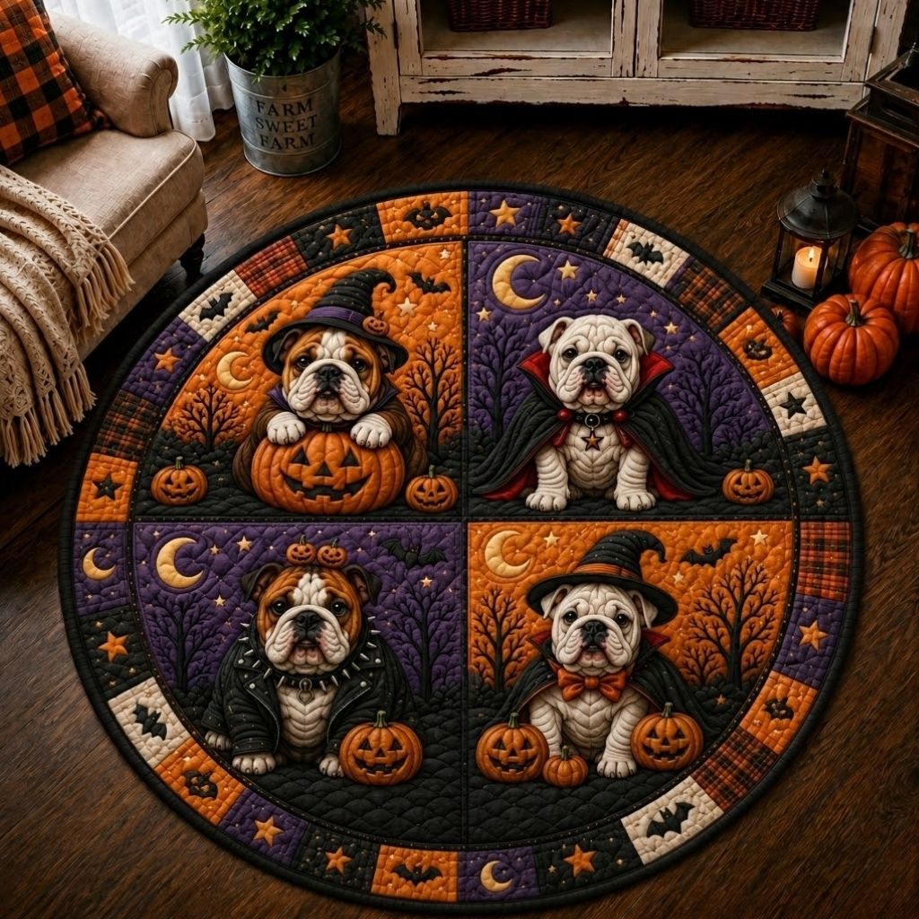 Bulldog Halloween Spirit Round Mat Rug - Seasonal Design | Festive Home Decor - washable non-slip printed rug