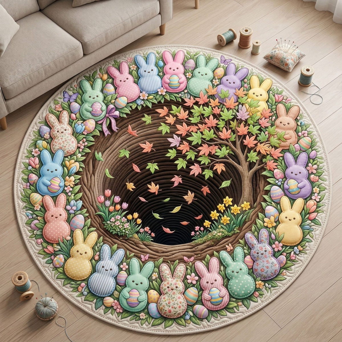 Bunny Circle Garden Quilted Round mat Round Mat Rug - washable non-slip printed rug