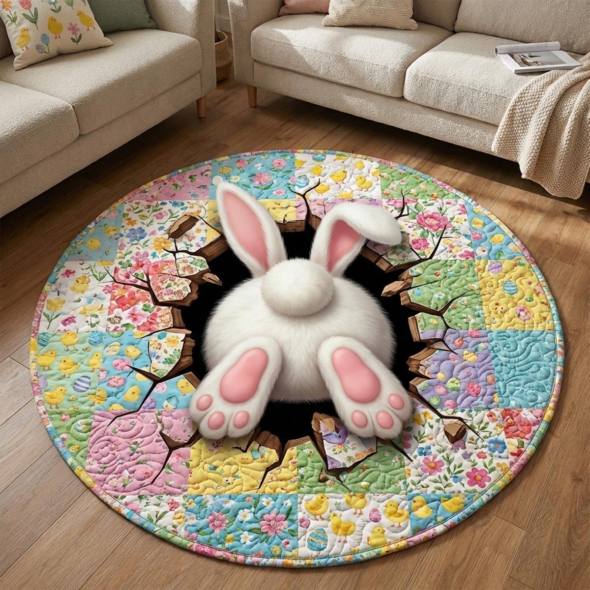 Bunny Circle Round Mat Rug - washable non-slip printed rug
