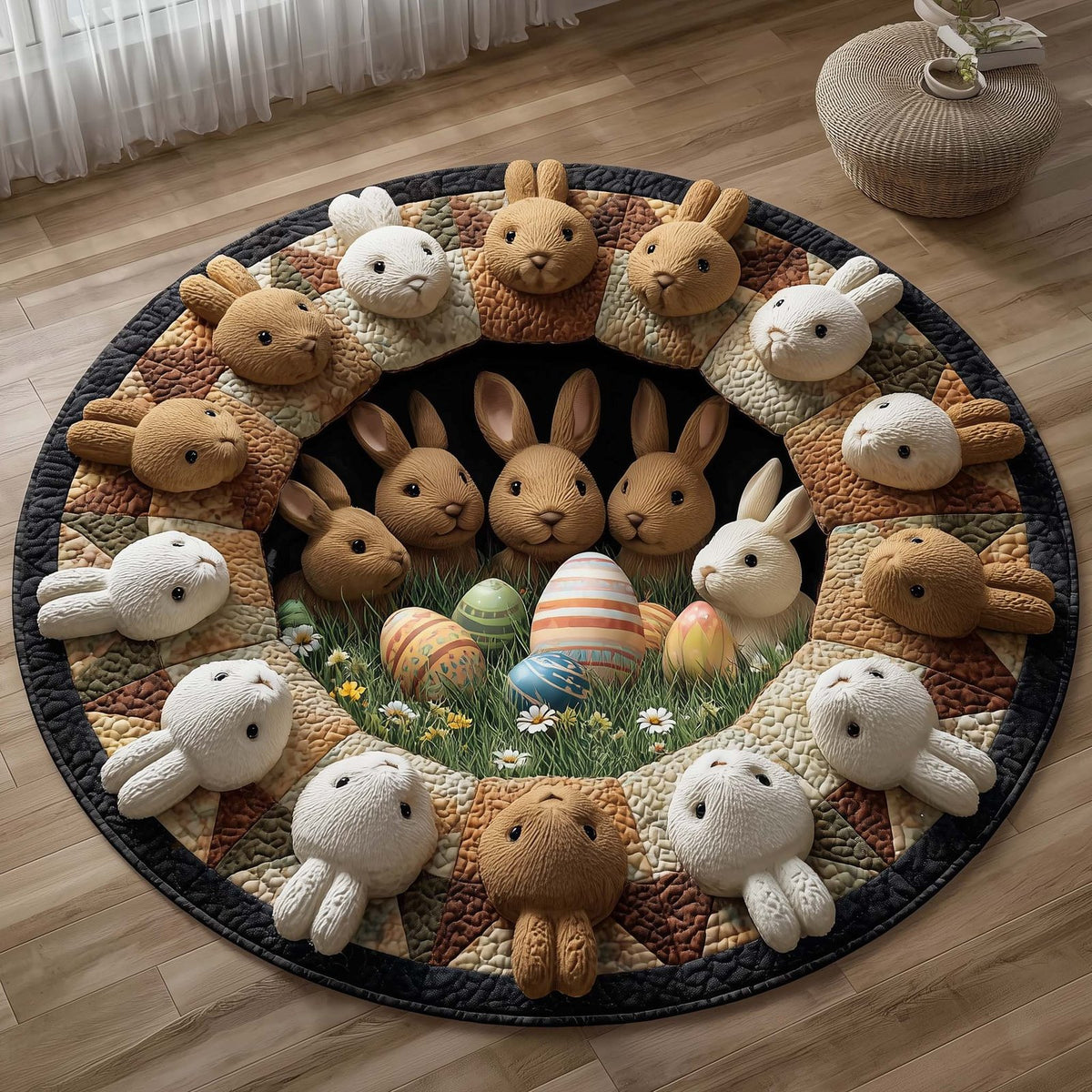 Bunny Gathering Round Mat Rug - washable non-slip printed rug