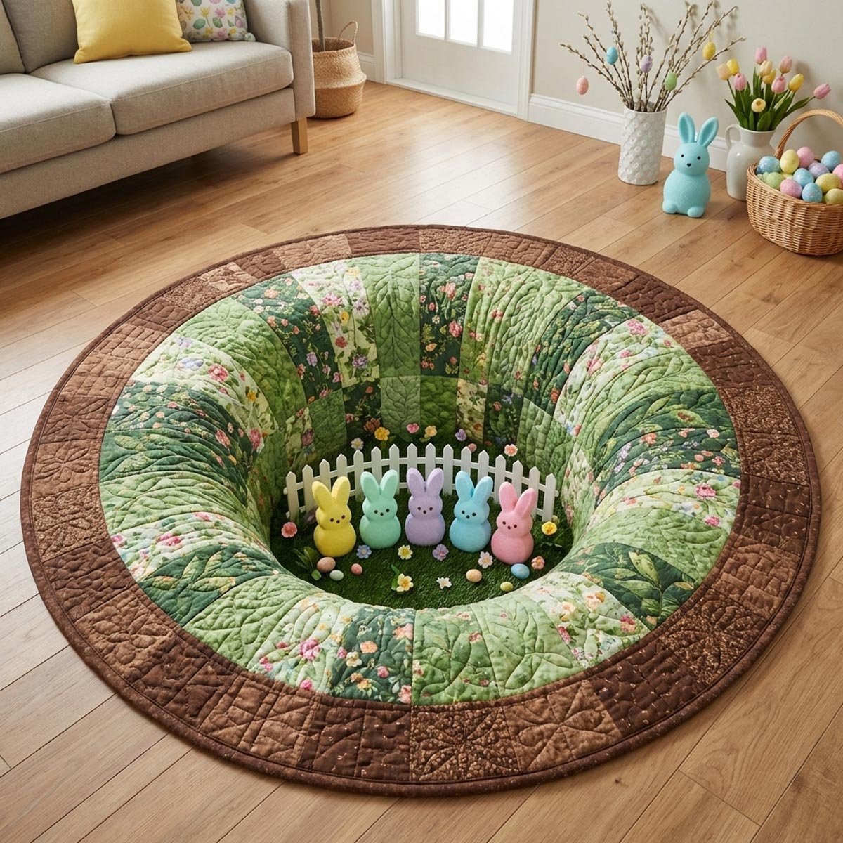 Bunny Patch Round Mat Rug - washable non-slip printed rug