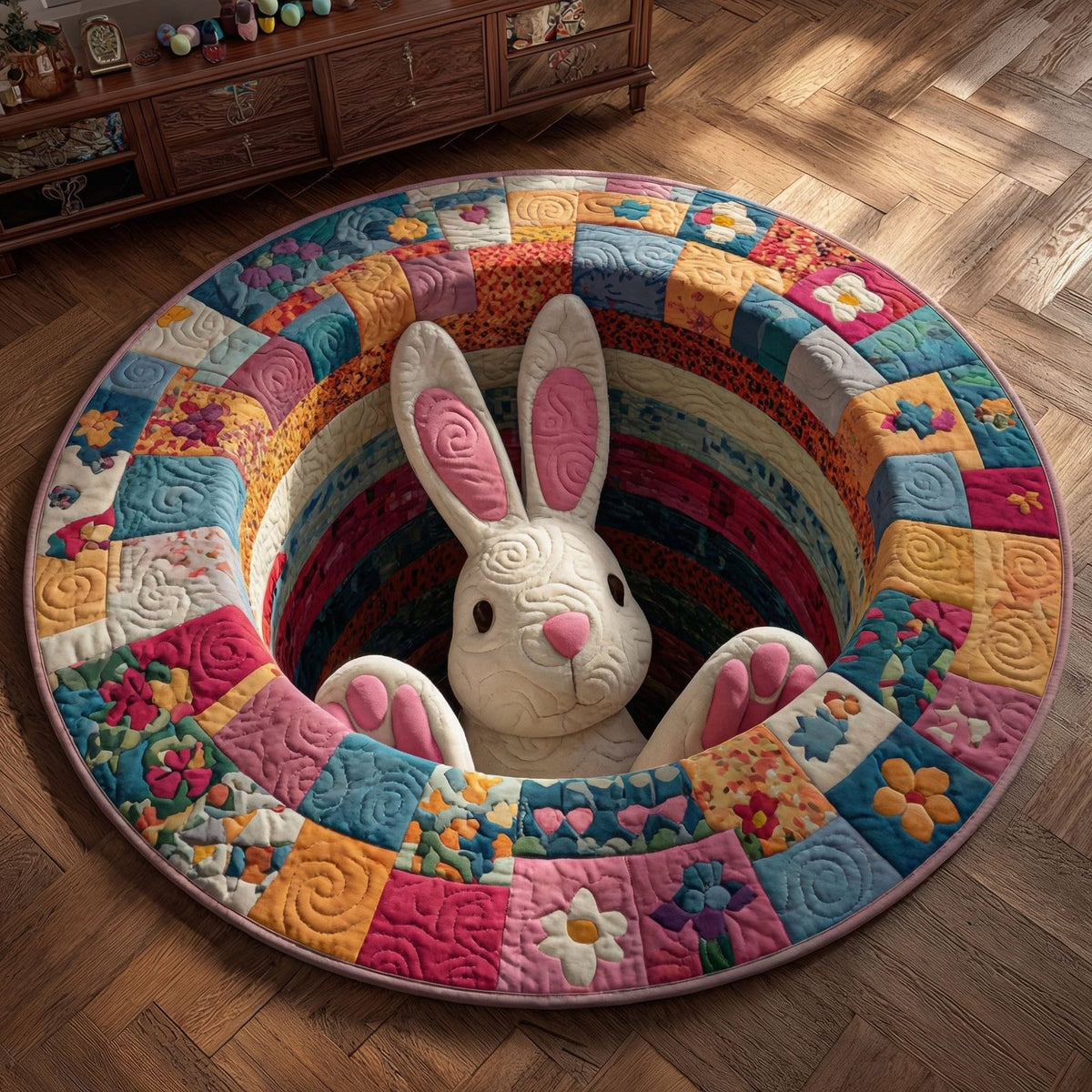 Bunny Peek Paradise Round Mat Rug - washable non-slip printed rug