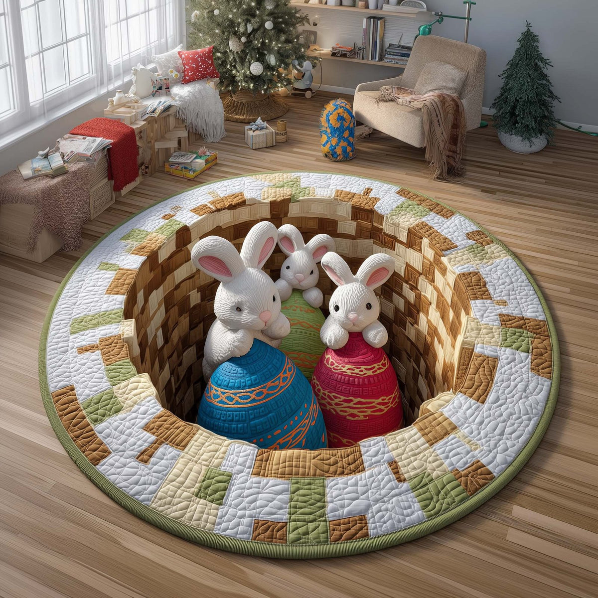 Bunny Trio Round Mat Rug - washable non-slip printed rug