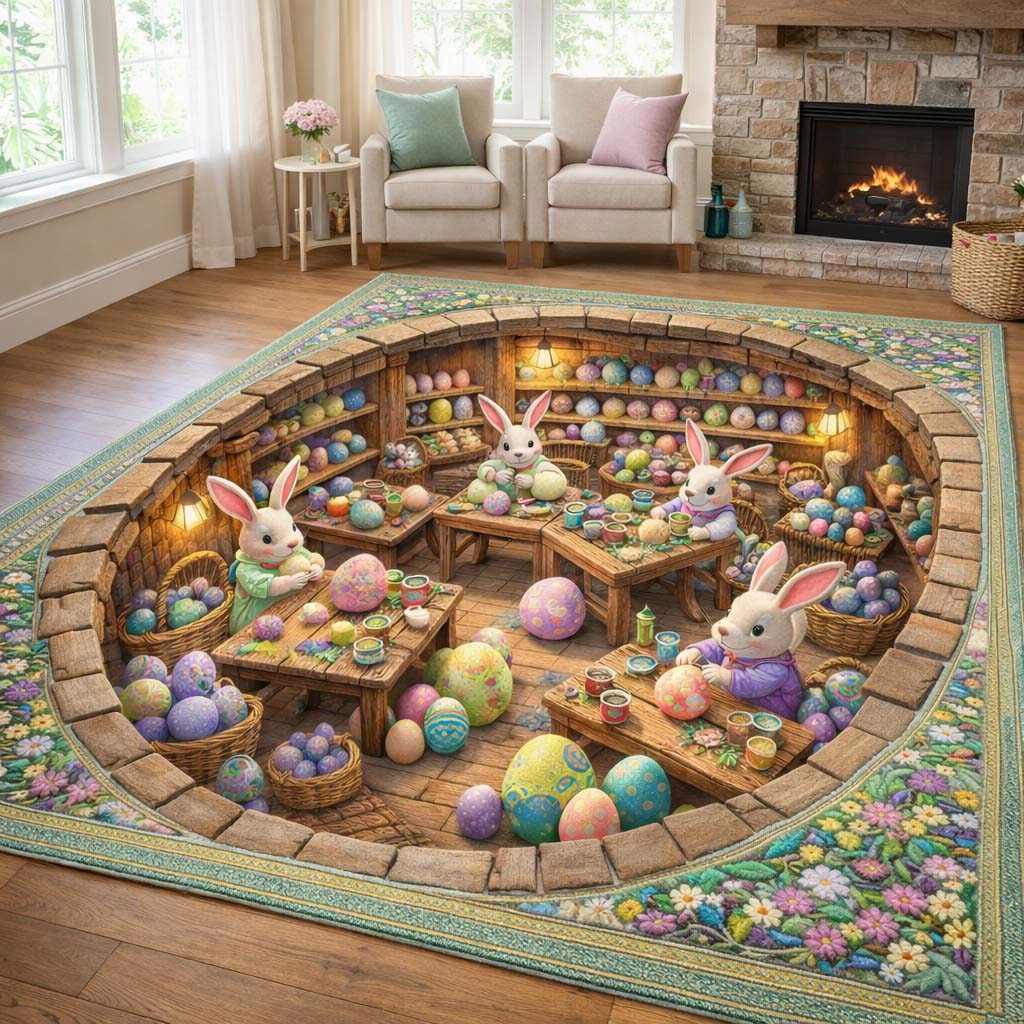 Bunny Workshop area rug in a living room