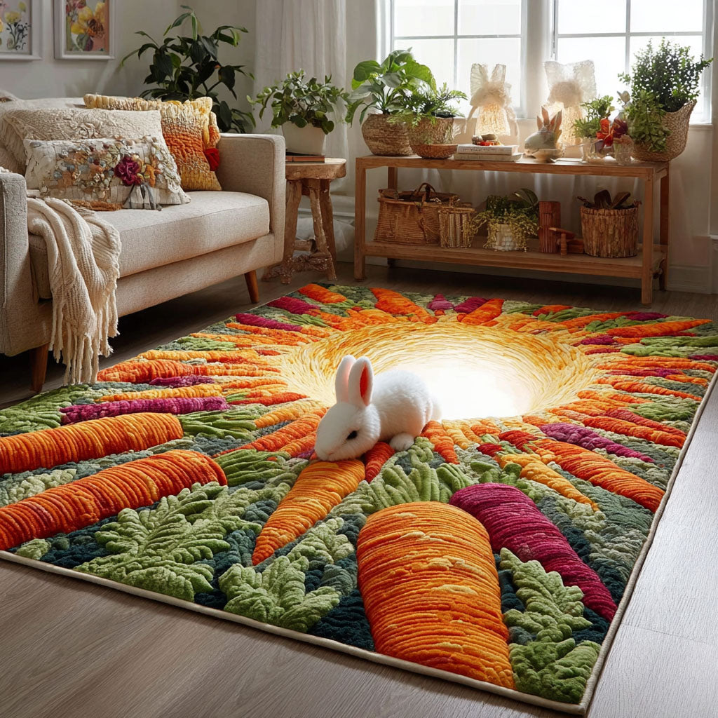 Bunny in Carrot Escape area rug in a living room