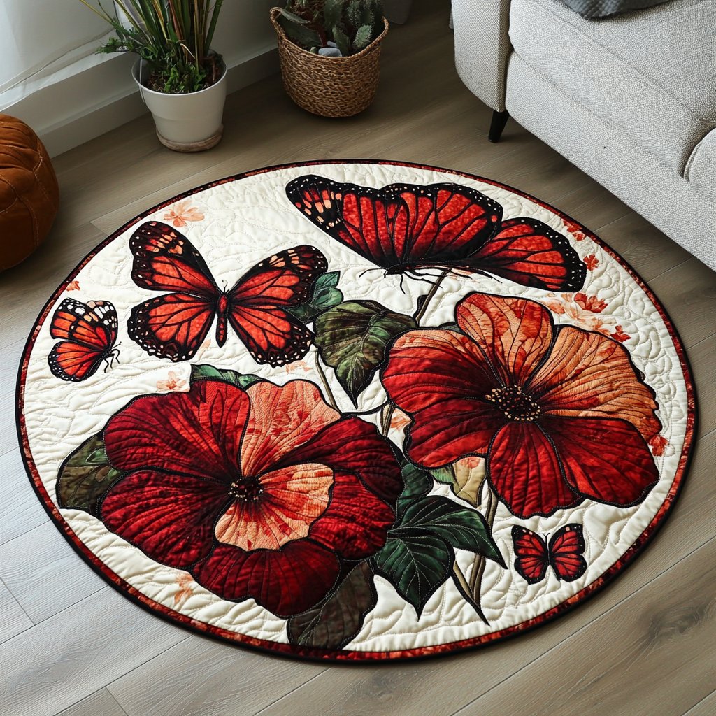 Butterfly Bliss Round Mat Rug - washable non-slip printed rug