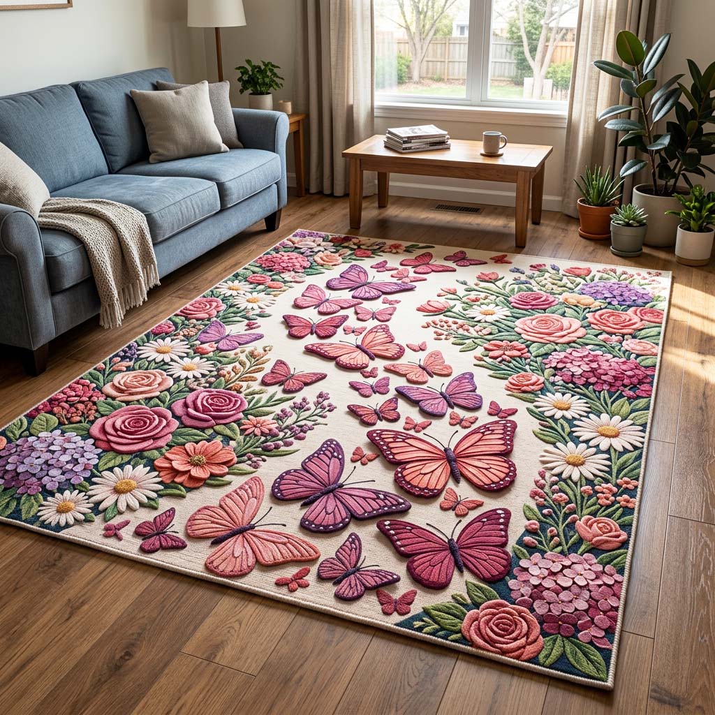Butterfly Garden area rug in a living room