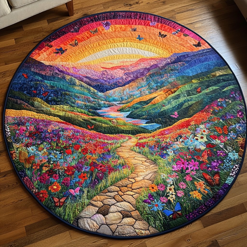 Butterfly Meadow Trail Round Mat Rug - washable non-slip printed rug