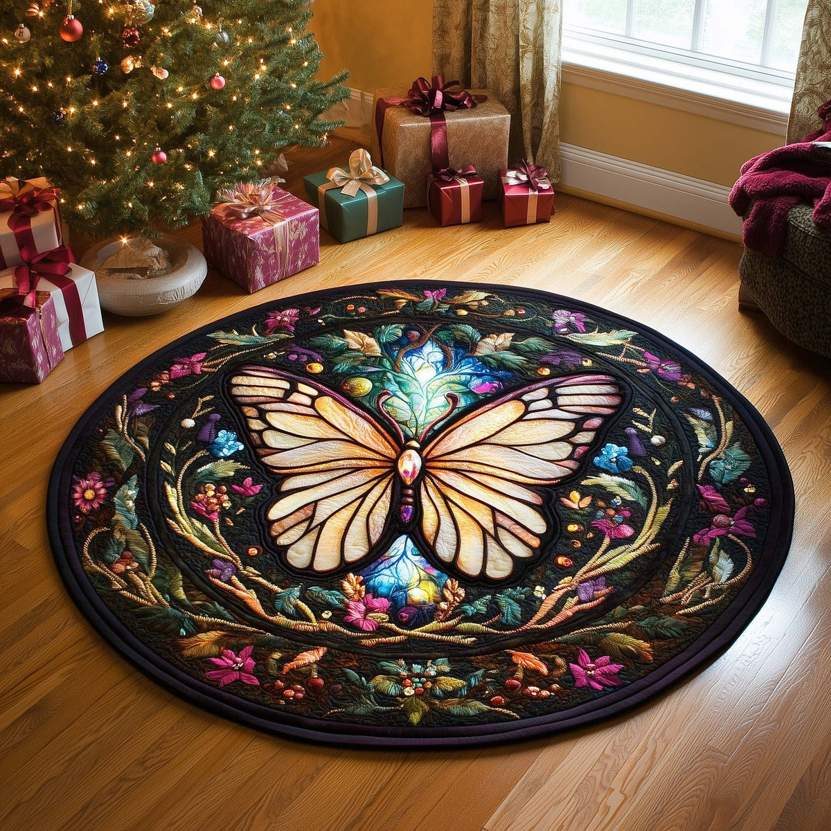 Butterfly Round Mat Rug - washable non-slip printed rug