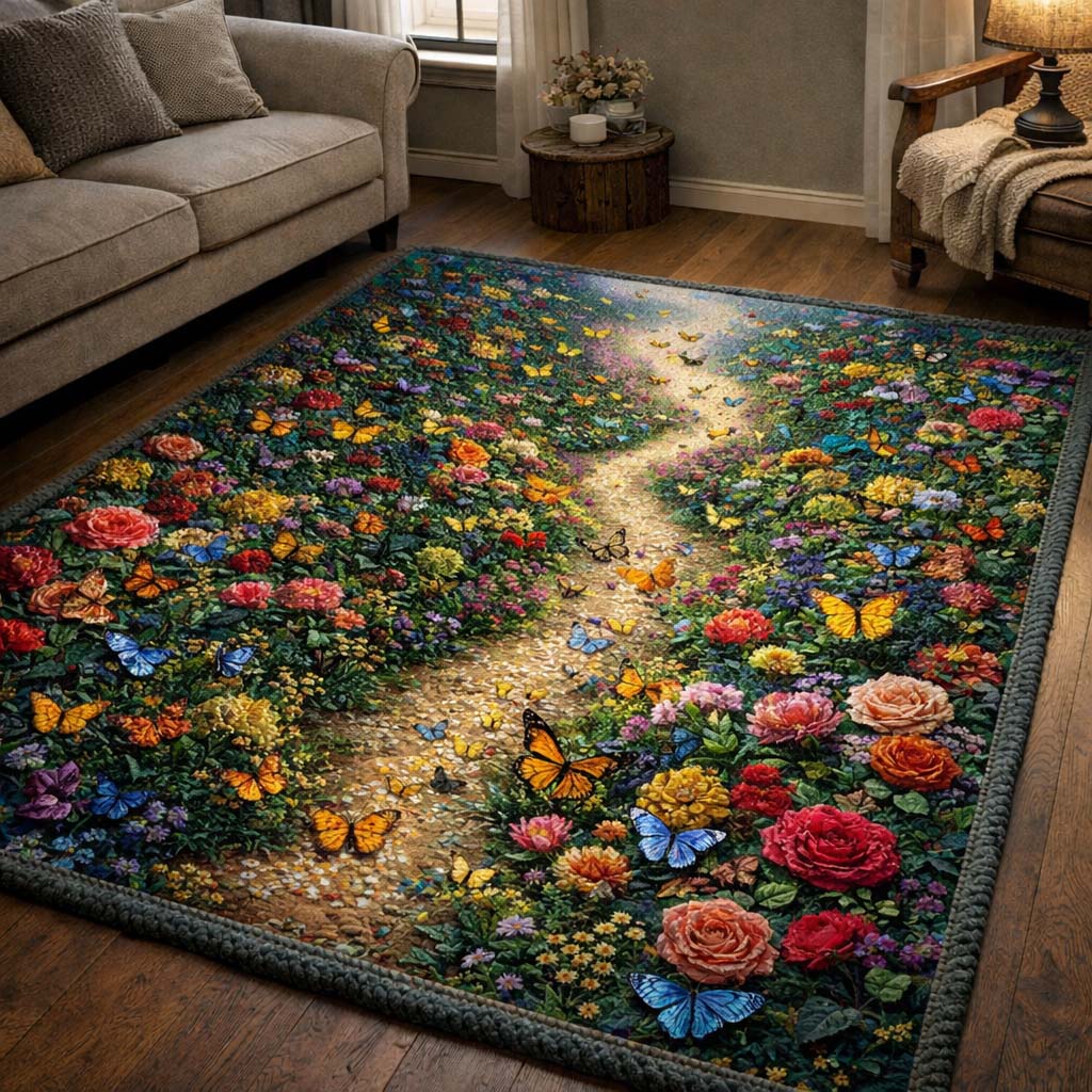 Butterfly Serenity area rug in a living room