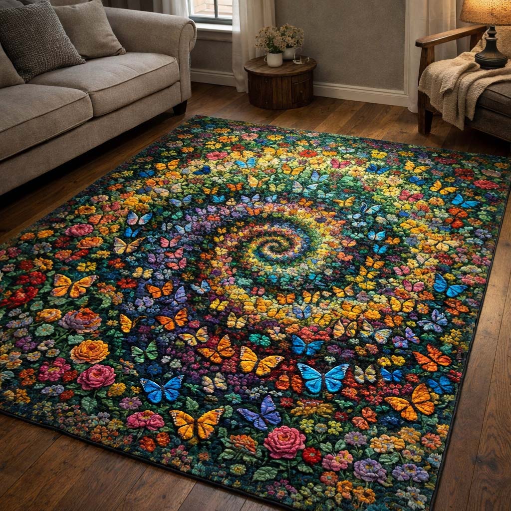 Butterfly Serenity area rug in a living room