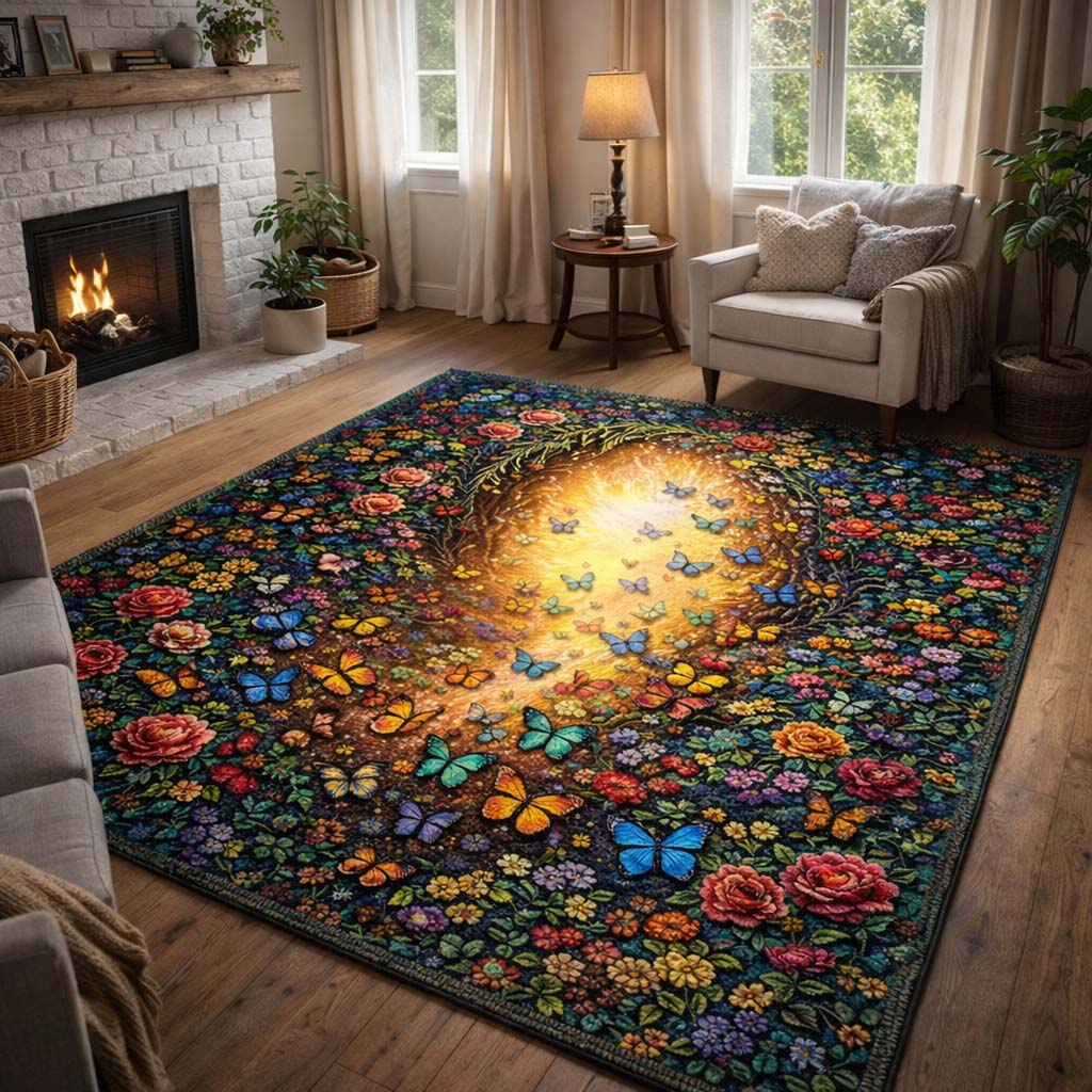 Butterfly Serenity area rug in a living room