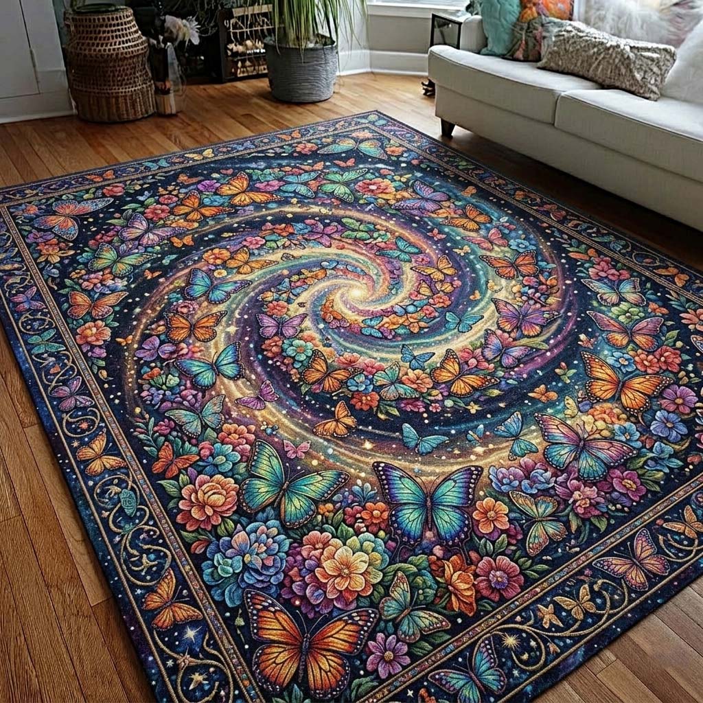 Butterfly Serenity area rug in a living room