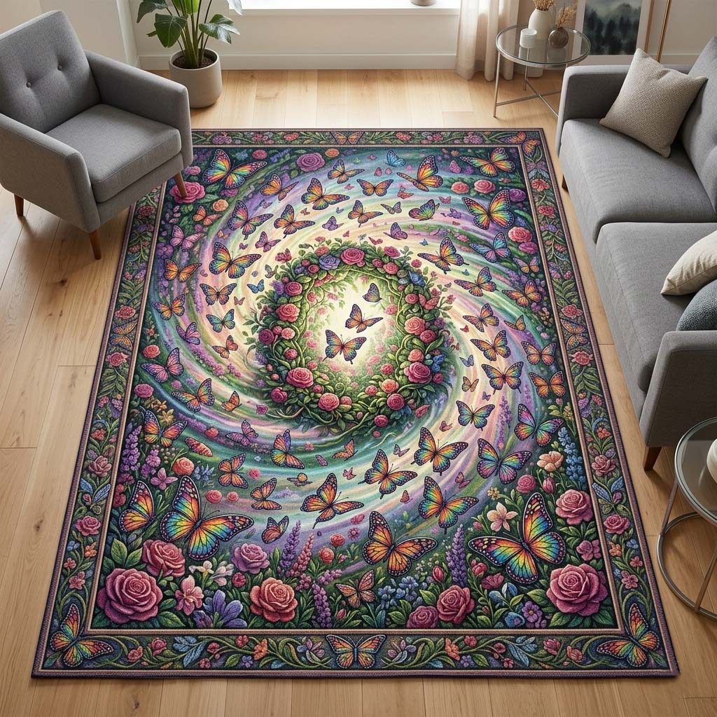 Butterfly Serenity area rug in a living room