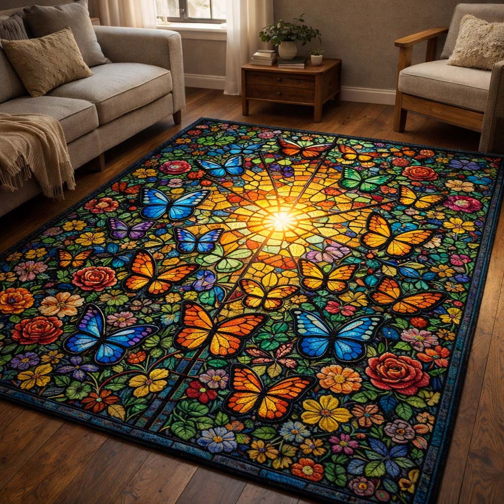 Butterfly Serenity area rug in a living room
