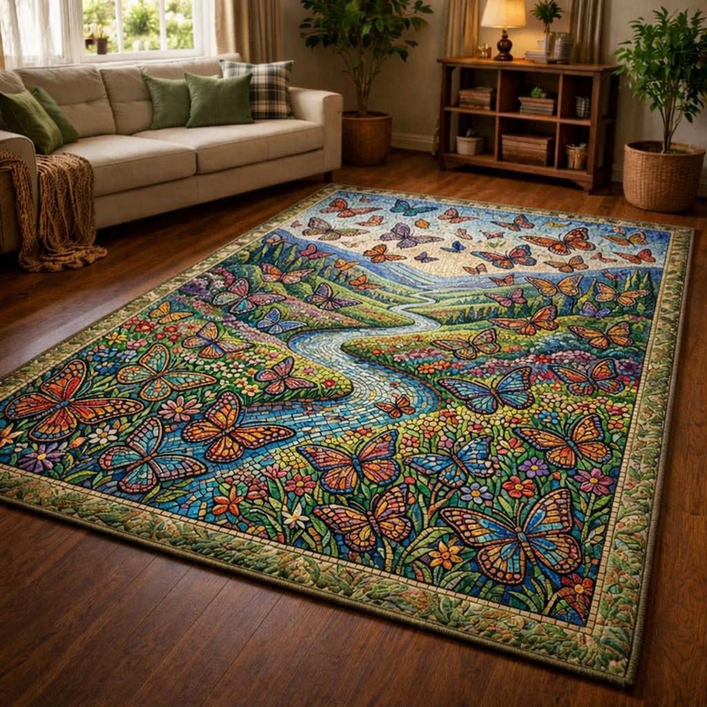 Butterfly Serenity area rug in a living room