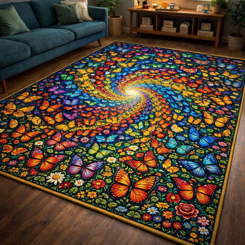 Butterfly Serenity area rug in a living room