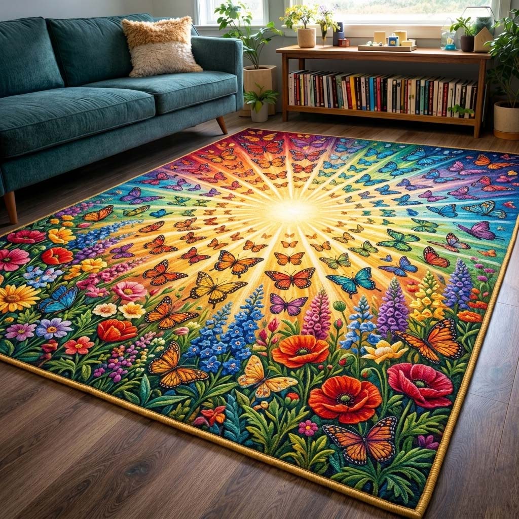 Butterfly Serenity area rug in a living room