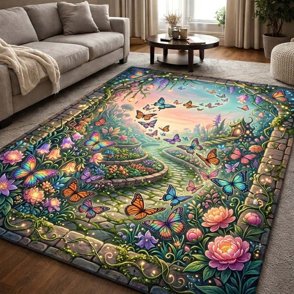 Butterfly Serenity area rug in a living room