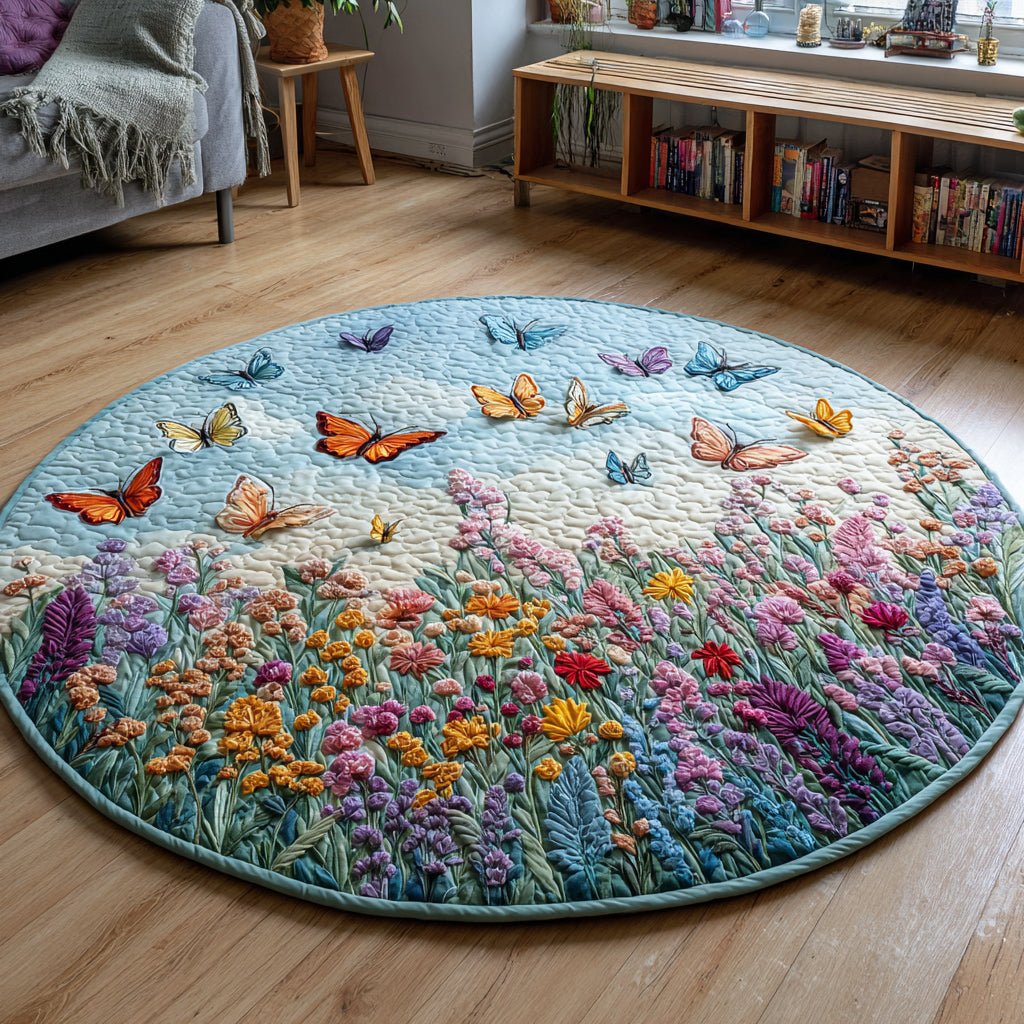 Butterfly Wildflower Field Round Mat Rug - washable non-slip printed rug