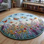Butterfly Wildflower Field Round Mat Rug - washable non-slip printed rug