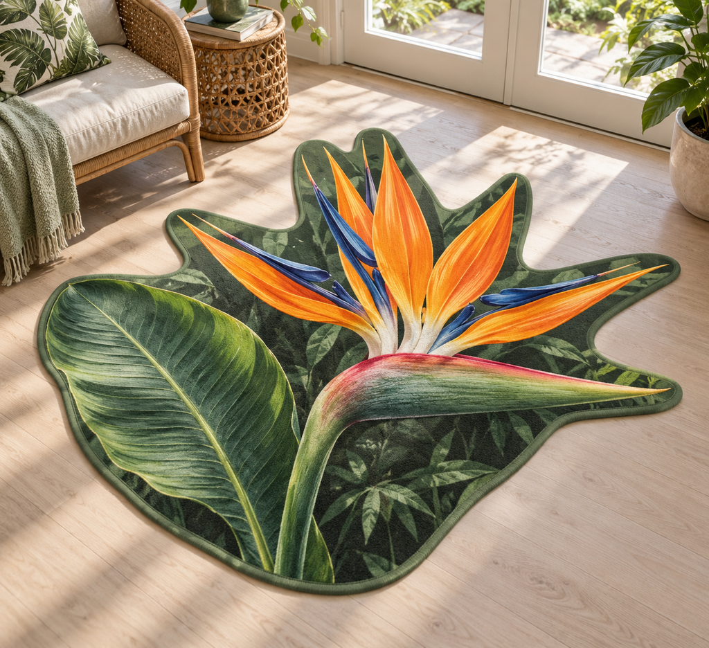 Orange and blue bird-of-paradise flowers over layered green foliage printed on a flat custom contour rug