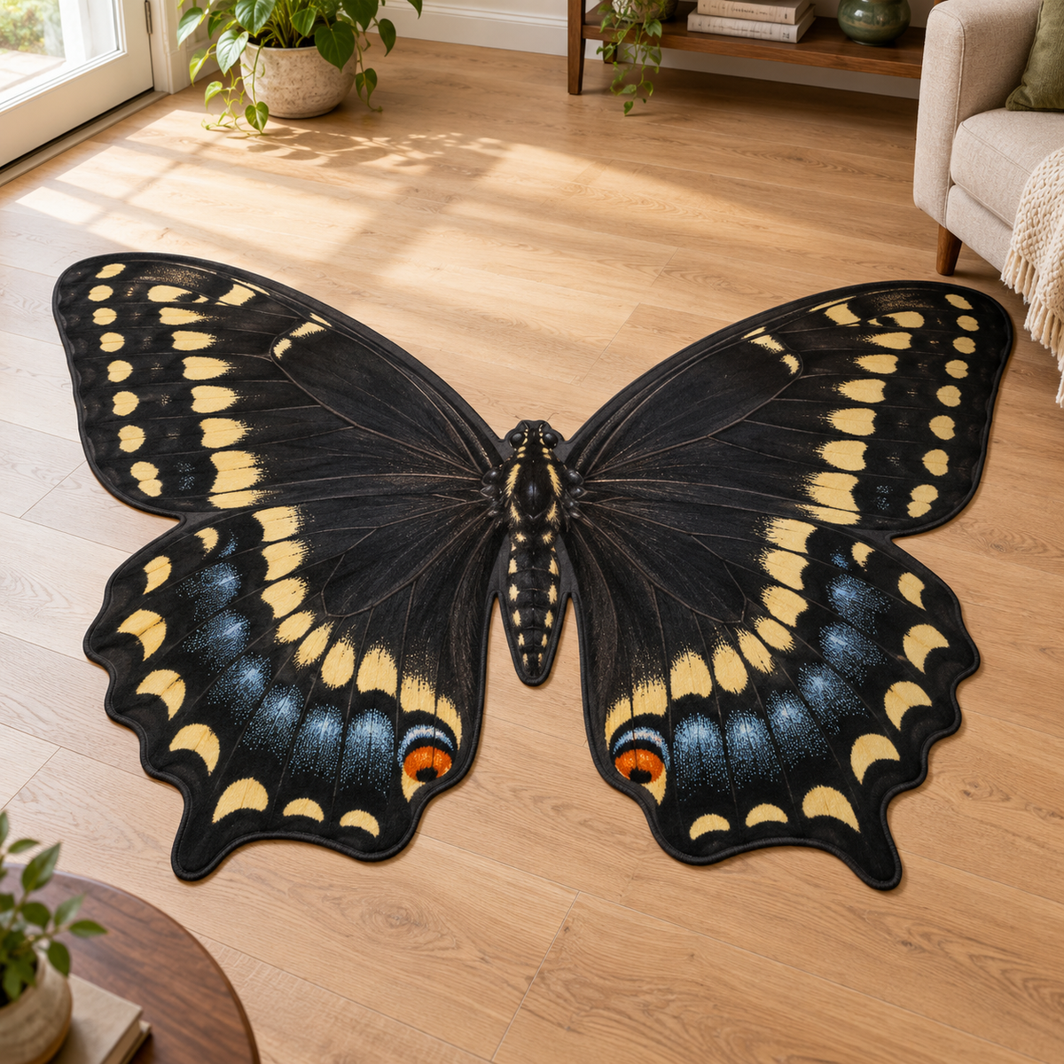 Black swallowtail wing artwork with yellow spots blue bands and orange eyespots printed on a flat butterfly-contour rug