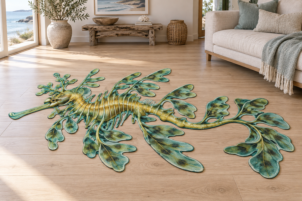 Stylized golden-green leafy seadragon with segmented body long snout and leaf-like appendages printed on a complete custom-shape area rug