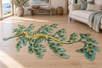 Stylized golden-green leafy seadragon with segmented body long snout and leaf-like appendages printed on a complete custom-shape area rug