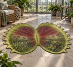 Red-green Venus flytrap lobes and receding bog scenery printed on a flat custom contour rug